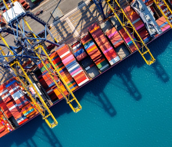 Oracle RMS website section for logistics key professions featuring an aerial view of a large cargo container ship being loaded by cranes at a busy maritime shipping port.