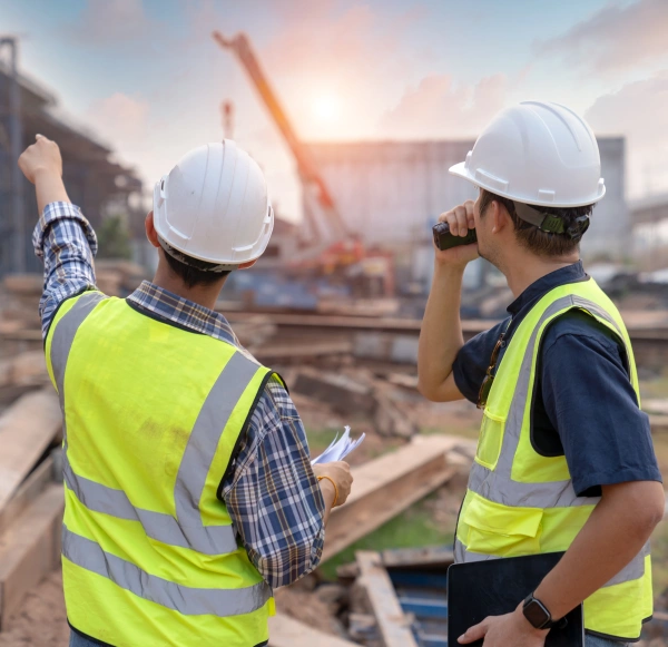 Two construction supervisors in hard hats and safety vests stand on a job site next to a bulleted list titled "Key Professions."