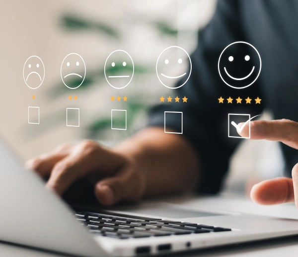 Oracle RMS website section for key professions showing a person selecting a five-star customer feedback rating on a laptop next to a retail industry list