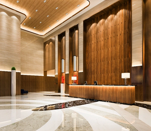 Oracle RMS website section for hospitality key professions featuring a luxury hotel lobby with high wood-paneled walls and a marble reception desk next to an industry list.